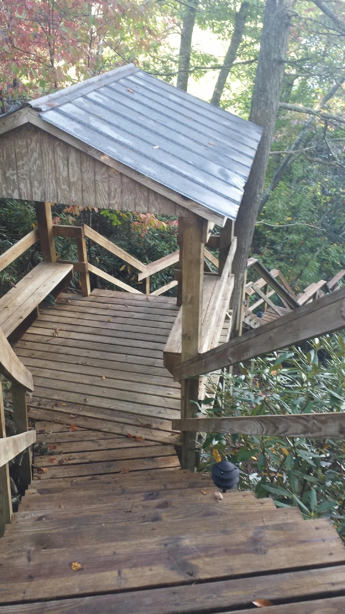 Metal roofed shelter over wooden steps on a wooded walkway — Skylight Repair & Installation work by our crew in Byram